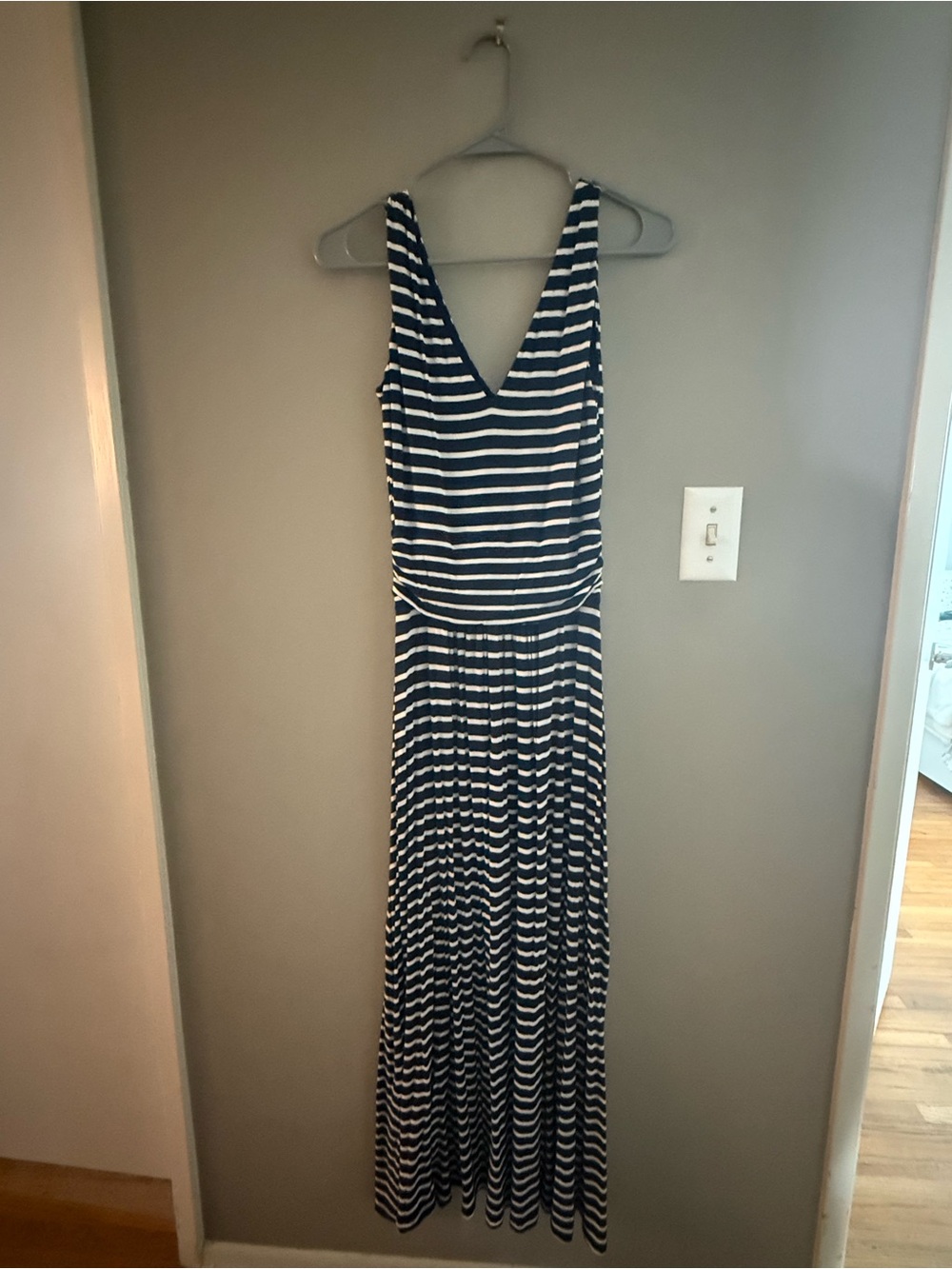 Boden Navy and White Striped Jersey V-Neck Sleeveless Maxi Dress